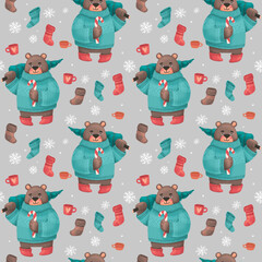 Christmas seamless pattern with a bear with a Christmas tree in sweater, festive elements with gray background. Illustrations for holiday designs. New Year's mood.