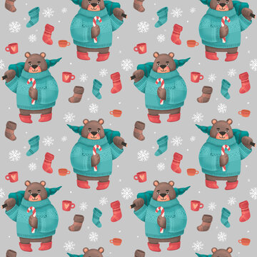 Christmas seamless pattern with a bear with a Christmas tree in sweater, festive elements with gray background. Illustrations for holiday designs. New Year's mood.