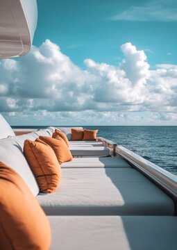 A serene view from a yacht featuring comfortable seating and a beautiful ocean backdrop.