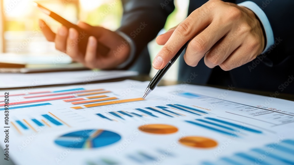 Poster a businessman analyzes data using a smartphone and documents with charts.