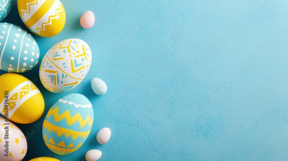 Poster blue background with a row of painted eggs on it. the eggs are in various colors and sizes, and they