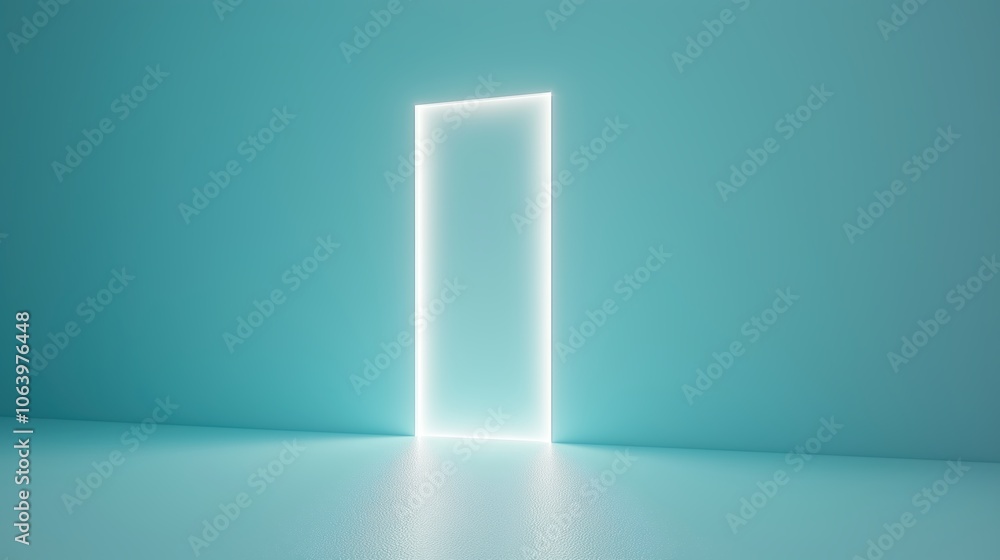 Poster blue room with a door that is lit up. the door is open and the light is shining through it. the room