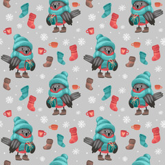 Christmas seamless pattern with bullfinch in sweater, hat and scarf, festive elements with gray background. Illustrations for holiday designs. New Year's mood.
