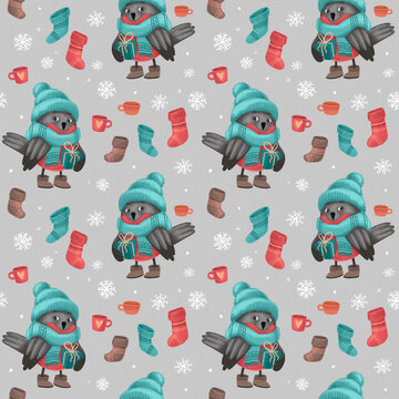 Christmas seamless pattern with bullfinch in sweater, hat and scarf, festive elements with gray background. Illustrations for holiday designs. New Year's mood.