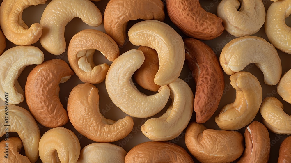 Poster close up of cashews with a brown and tan color. the cashews are arranged in a pattern and are of dif