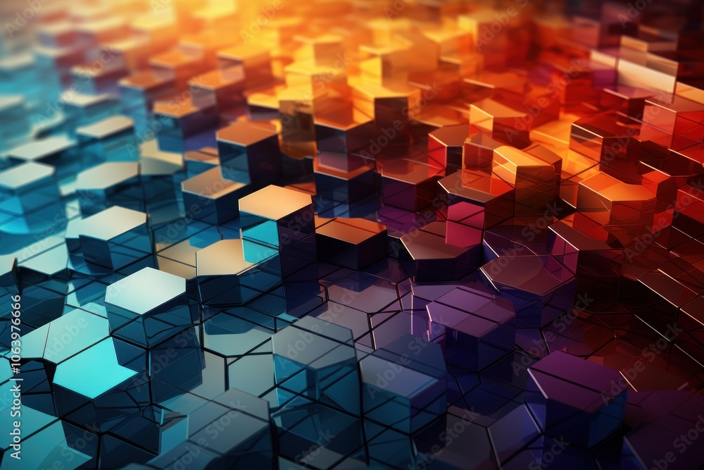 Poster abstract hexagonal shapes in vibrant colors create a dynamic visual effect.