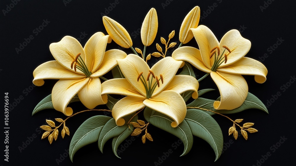 Poster close up of three yellow flowers with green leaves. the flowers are arranged in a way that they are 