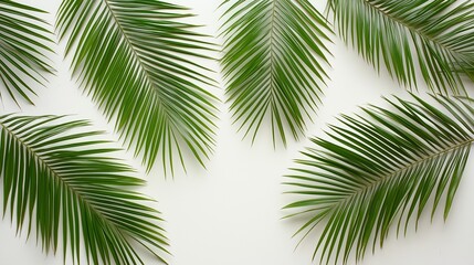 Obraz premium Close up of palm leaves with a white background. The leaves are green and appear to be in a row