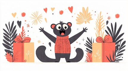   A black bear in a red sweater holding a gift box in front of a plant in the background