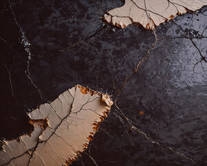 Close-up of a shiny black tiled wall surface with cracked ivory patterns. The texture looks realistic.