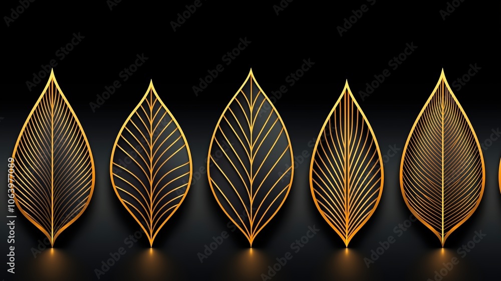 Poster five gold leaf designs, each with a different shape and size. the leaves are arranged in a row, crea
