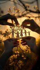 Obraz premium of hands delicately holding up intricate paper cutouts of a family, illuminated by the warm hues