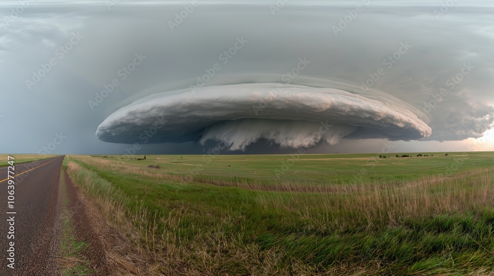 Poster large cloud is hovering over a field. the sky is overcast and the clouds are dark