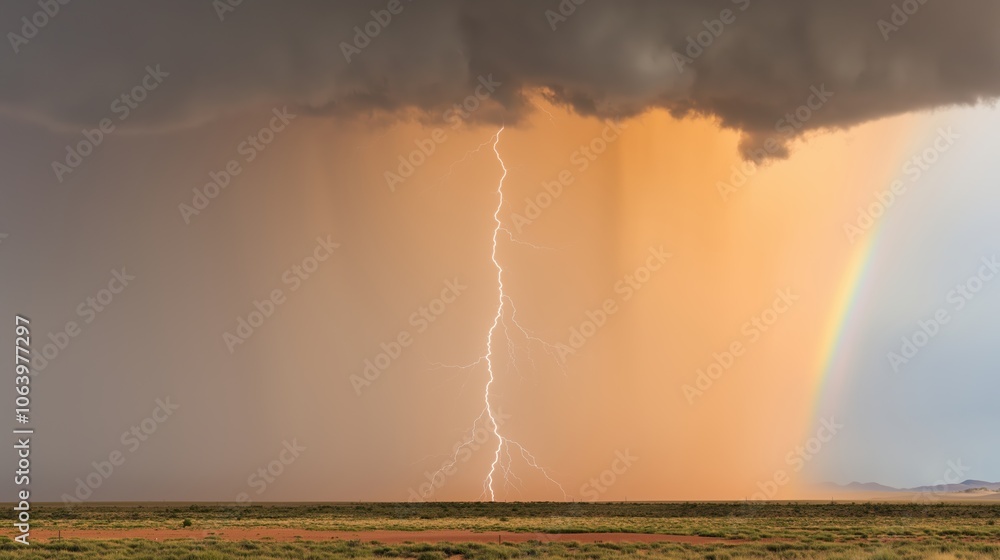 Wall mural lightning bolt is seen in the sky above a field of grass. the sky is cloudy and the weather is storm