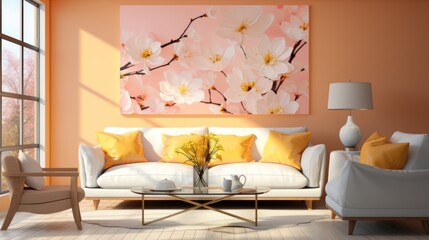 A cozy living room featuring a floral artwork, bright cushions, and a warm atmosphere.