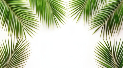 Fototapeta premium Green leafy palm tree with a white background. The palm tree is the main focus of the image