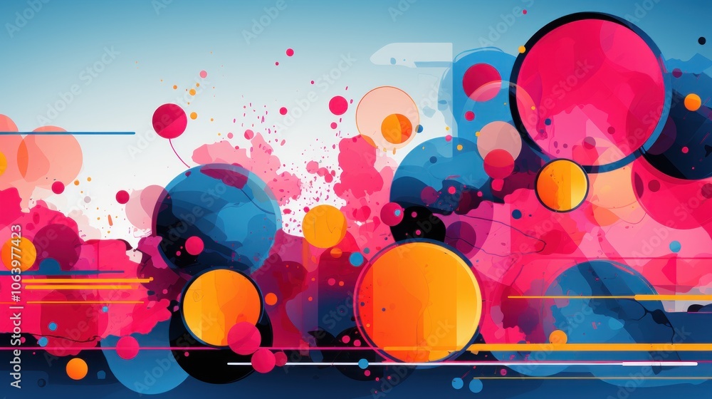 Poster abstract digital artwork featuring colorful circles and splashes against a gradient background.