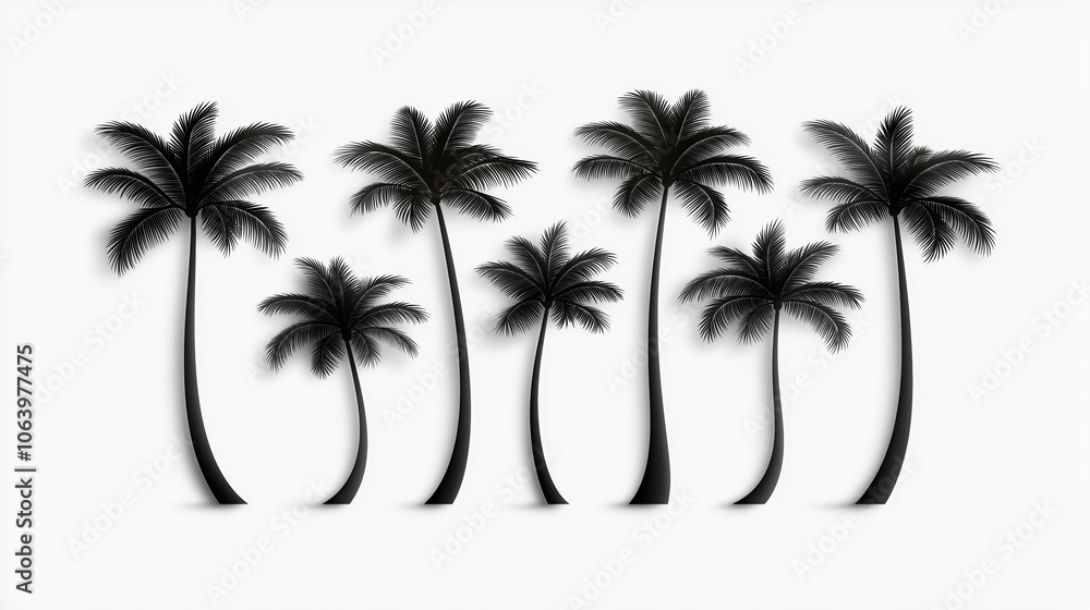 Poster row of palm trees are shown in black and white. the trees are all the same height and are spaced eve