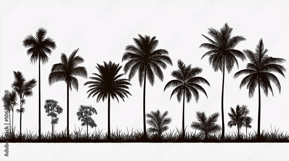 Poster row of palm trees are shown in black and white. the trees are lined up in a row, with some trees clo
