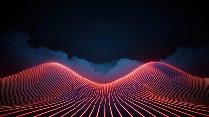 Red and blue mountain range with clouds in the sky. The mountains are lit up in red and the sky is dark