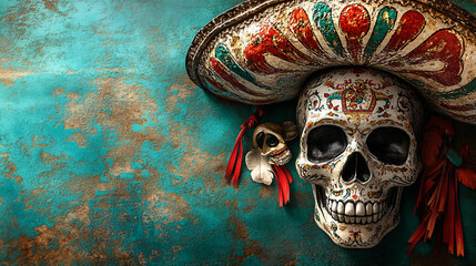 day of the dead sugar skull with sombrero on turquoise background