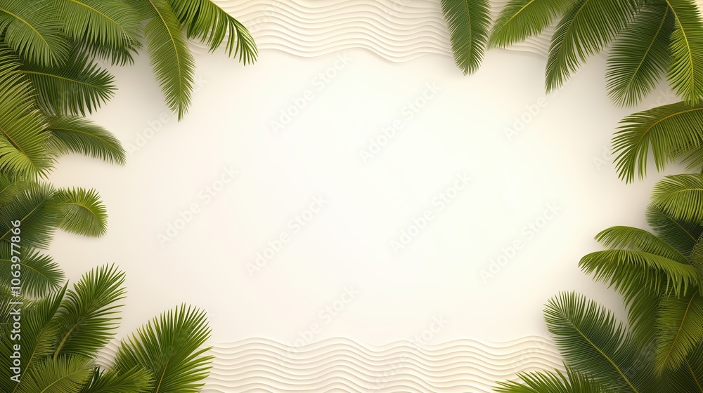 Poster white background with palm trees on either side. the palm trees are lush and green, and they create 