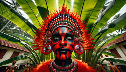 Ethereal portrait of Indian man with.face paint and performing fire Theyyam 