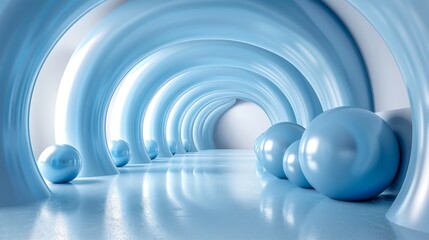 A serene and fluid 3D render showcasing smooth blue arches and spherical shapes in a modern, abstract environment that evokes a sense of calm and creativity