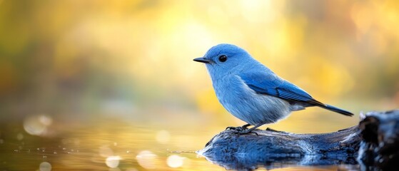 Fototapeta premium A small, blue bird perched atop a submerged log