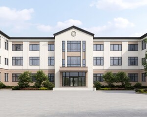 Modern school building with large windows and a clock tower.