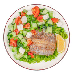 Fillet of white fish grilled with fresh green salad isolated on white background. Diet nutritious meal