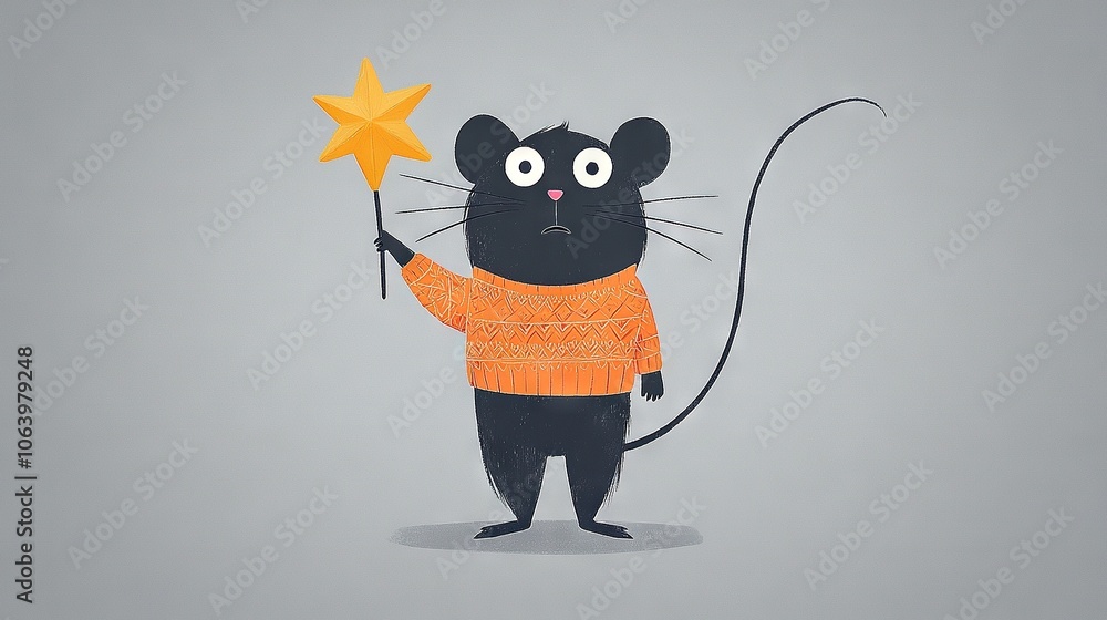 Poster rat with star and string on gray background