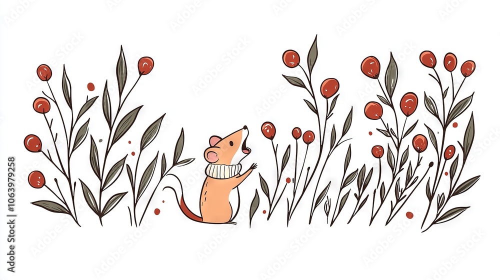 Poster a sketch of a feline perched in the center of a meadow with raspberry-laden legs