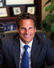 Fototapeta premium A professional man in a suit smiling confidently in an office setting.