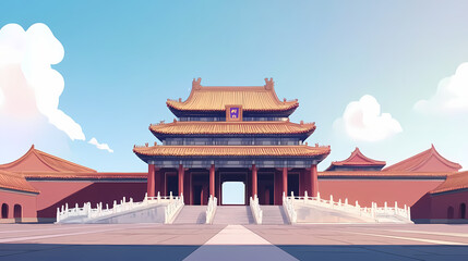Fototapeta premium Meridian gate of the forbidden city standing tall on a sunny day. Imperial Chinese Palace. Illustration