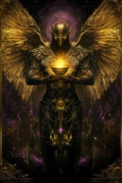 temperance tarot card: majestic winged figure holding glowing chalice &ndash; symbolizing balance, harmony, and patience