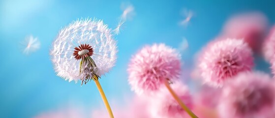 Obraz premium A dandelion drifts in the wind before a blue sky