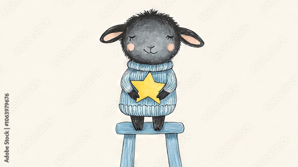 Poster a sketch of a sheep sitting on a stool with a star in its lap and its eyes closed