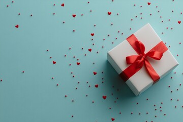 Obraz premium Colorful gift box with red ribbon and hearts on a blue background for special occasions