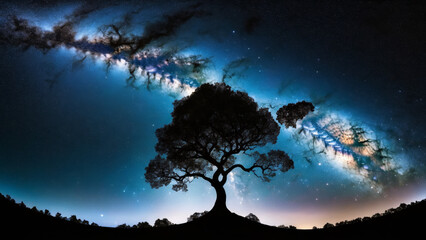 negative photograph of the shadows of a colossal tree silhouette, swirling nebula leaves, negative space, photorealistic Milky Way, stars,  natures beauty, celestial wallpaper, universe background