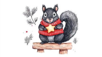   A squirrel in a scarf with a star on wood, surrounded by pine trees