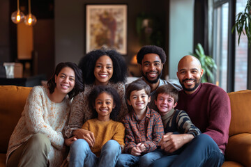 A diverse family with members of different races and gender identities posing for a family portrait in a cozy living room.