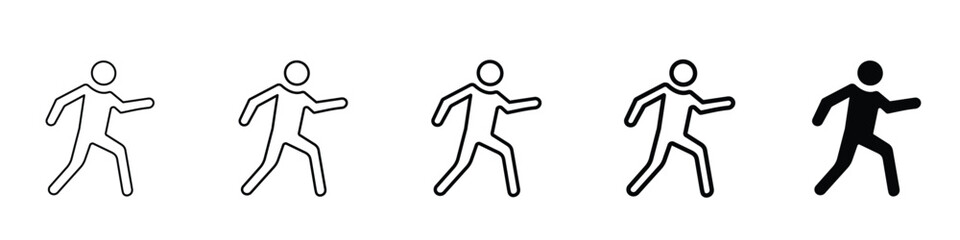Set of 5 Walk icon - 1 Silhouette - 1 unexpanded vector - man standing walking n running Includes symbols of person in various positions: standing, walking and running, exercise, health, fitness