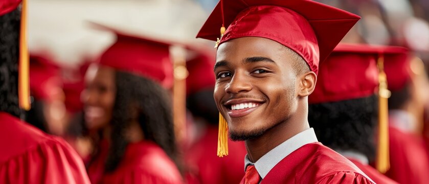  Man, wearing red graduation cap and gown, smiles at camera