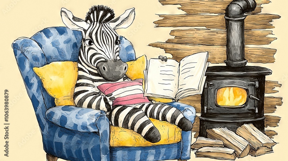 Poster a zebra sits in a chair with a book in front of a stove and a stack of books