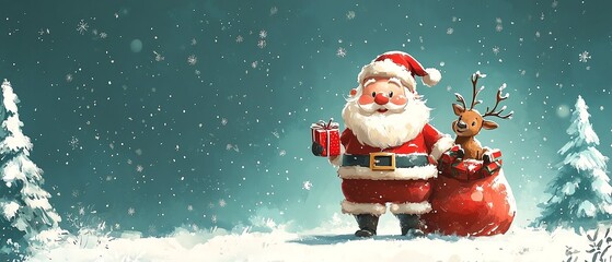 Cheerful Santa Claus with reindeer and snow, perfect for festive holiday themes and Christmas celebrations.