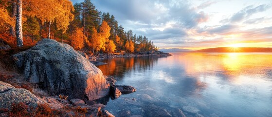 A beautiful sunset over a tranquil body of water, framed by trees ..Or, if you prefer to keep the original length:.