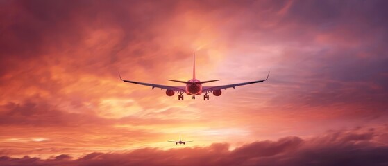 Obraz premium A plane flies against a sunset backdrop in the sky