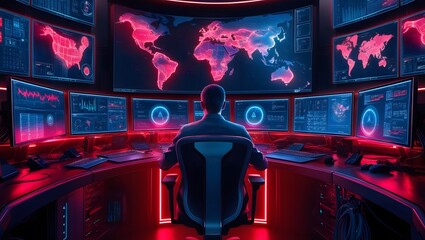 High-Tech Cyber Command Center with Multiple Screens Analyzing Global Security Data and Monitoring Threats