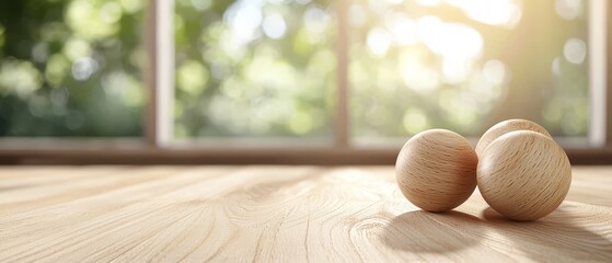  Two wooden spheres rest on a wooden table near the window
